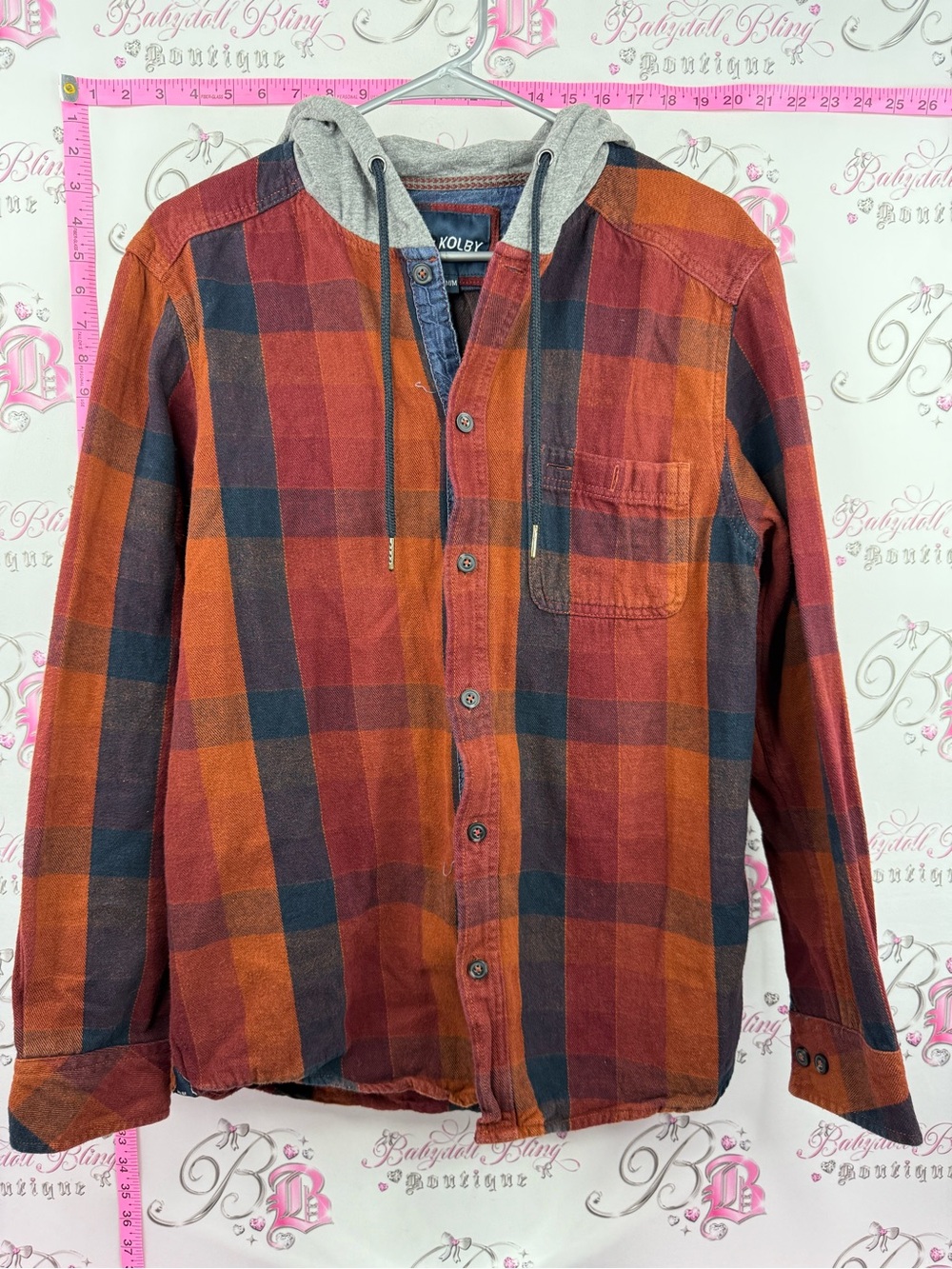 KOLBY shirt Men's Orange & Red Plaid Hooded Button-Down Shirt